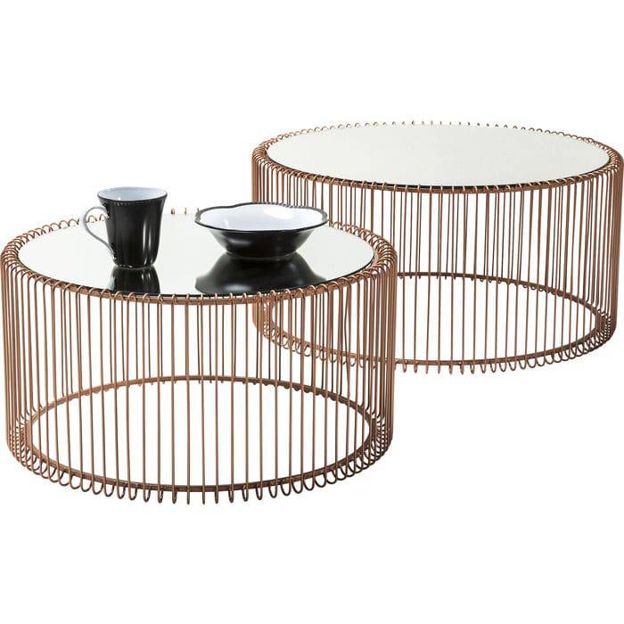 Coffee Table Wire Copper (2/Set) by DEKOR - copper wire frame tables with mirrored tops displayed in a living room setting