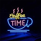 Neon sign with a blue coffee cup outline, yellow steam lines shaped like cursive 'coffee,' and pink block letters spelling 'TIME' inside the cup.