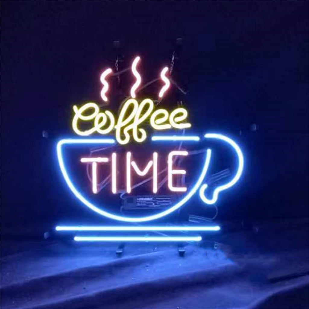 Coffee Time Neon Signs Light showing a glowing 'Coffee Time' neon text against a black background with metal grid backing.