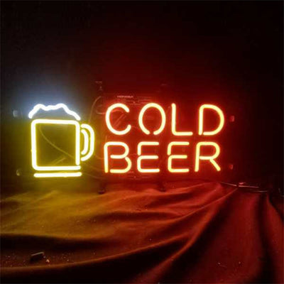 Cold Beer with Mug Neon Sign showing neon light shaped like beer mug glowing on metal grid backing