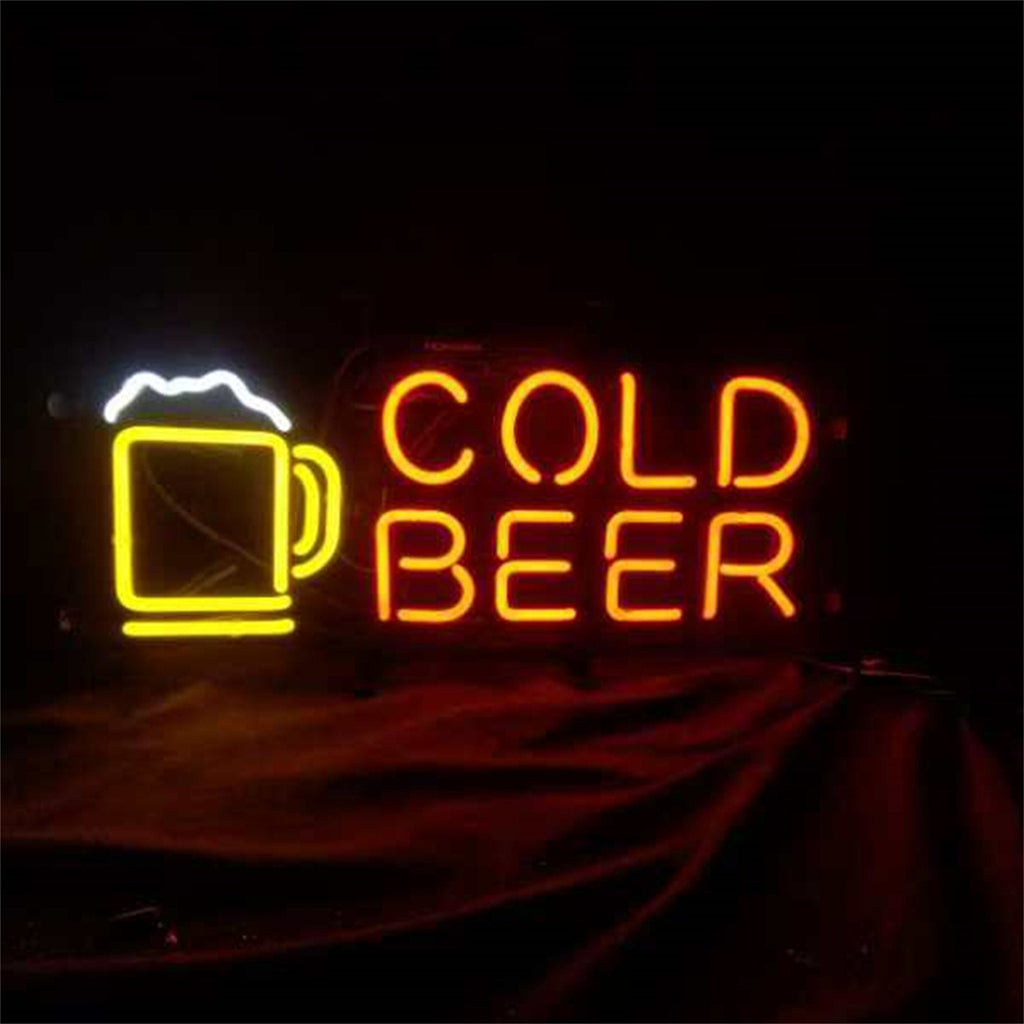 Neon sign with yellow beer mug and white foam next to red text reading 'COLD BEER' against a dark background