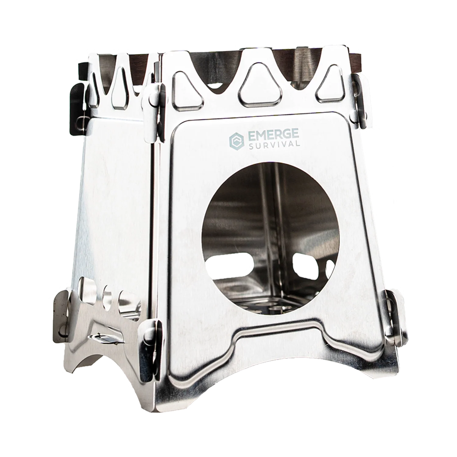 Emerge Survival Collapsible Mini Stove folded flat and fully set up with natural fuel burning