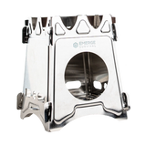 Emerge Survival Collapsible Mini Stove folded flat and fully set up with natural fuel burning