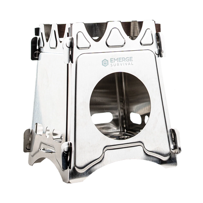 Emerge Survival Collapsible Mini Stove folded flat and fully set up with natural fuel burning