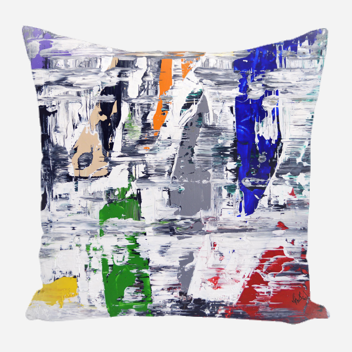 Square pillow with abstract brushstroke design featuring scattered patches of green, blue, orange, red, yellow, and neutral gray on a primarily white and gray background.
