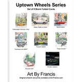 Collage of eight watercolor illustrations of vehicles including Volkswagen Karmann Ghia, Mister Softee truck, Mazda Miata, Goodyear and BMW, Triumph Spitfire, Vespa Scooter, Porsche 944, and Pontiac Catalina.