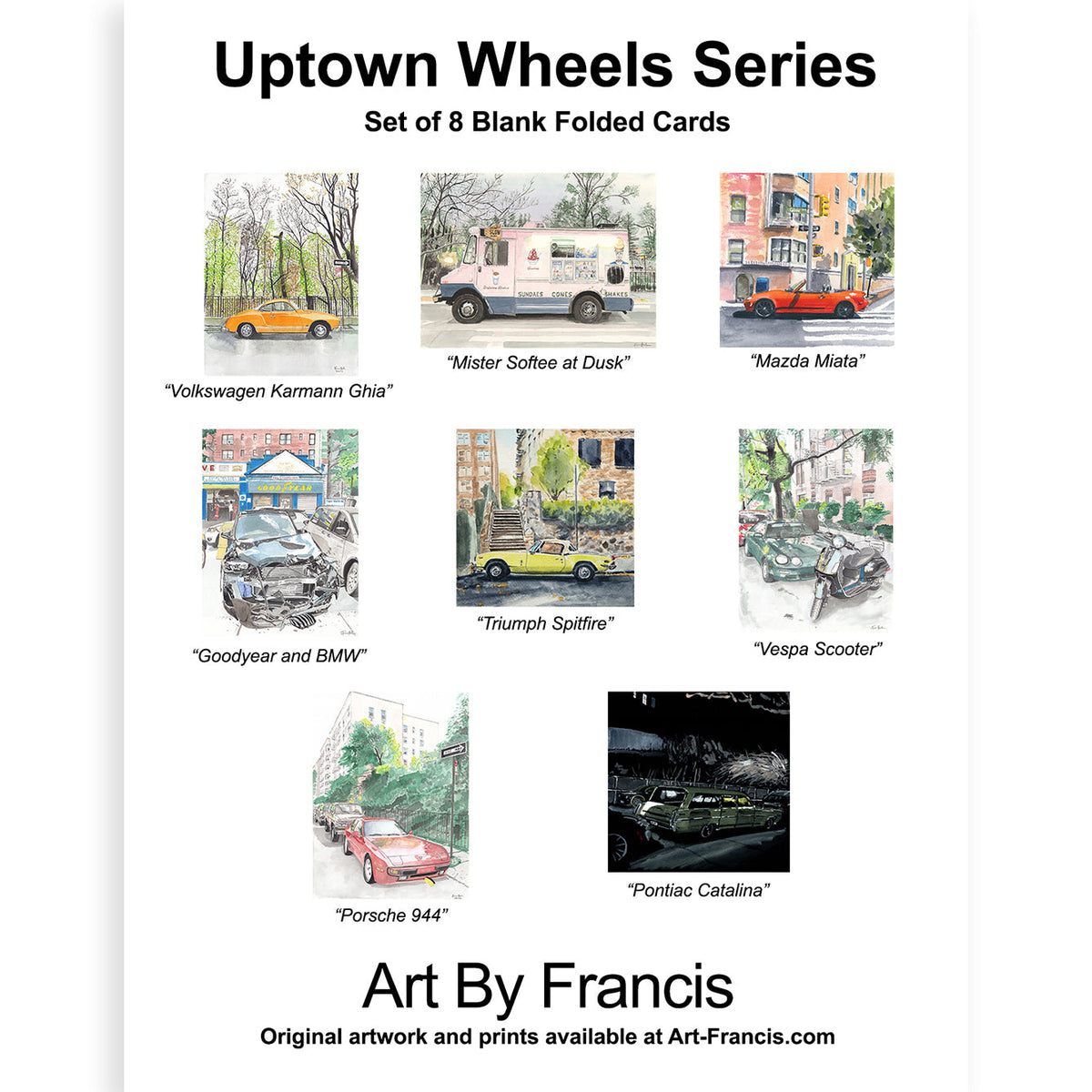 Collage of eight watercolor illustrations of vehicles including Volkswagen Karmann Ghia, Mister Softee truck, Mazda Miata, Goodyear and BMW, Triumph Spitfire, Vespa Scooter, Porsche 944, and Pontiac Catalina.
