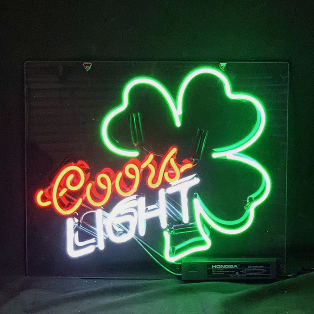Coors Light Clover Neon Sign Light glowing with cobalt blue and red accents on clear acrylic backing