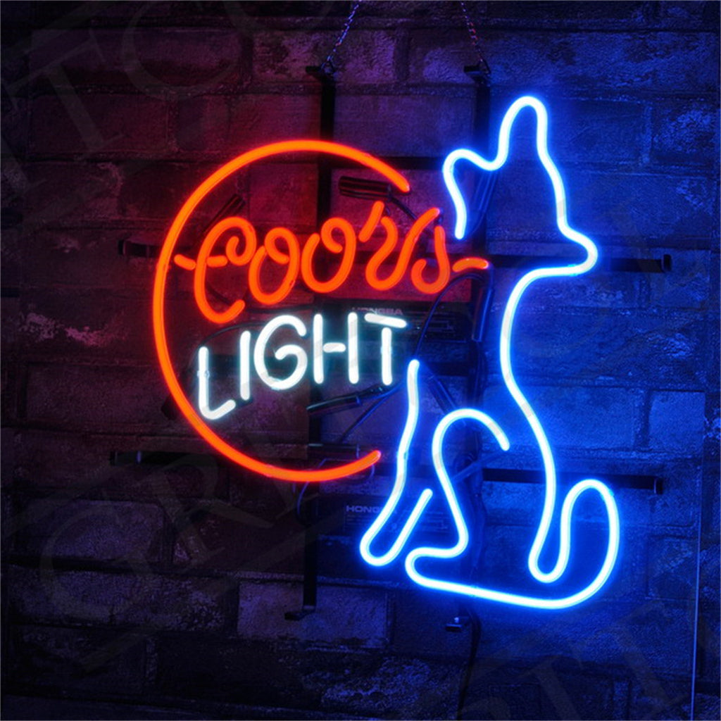 Neon sign featuring a blue outline of a howling coyote next to a partial red-orange crescent moon with 'Coors' in red-orange and 'LIGHT' in white neon letters.