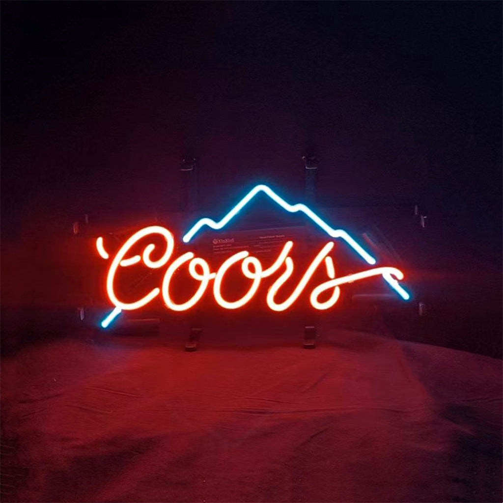Coors Light Beer Mountain Neon Sign Light glowing in blue and red on metal grid backing