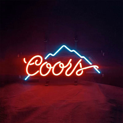 Coors Light Beer Mountain Neon Sign Light glowing in blue and red on metal grid backing