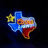 Neon sign shaped like Texas with red, white, and blue colors, featuring a yellow star on the left and the words 'Coors Light' in glowing red, white, and blue text.