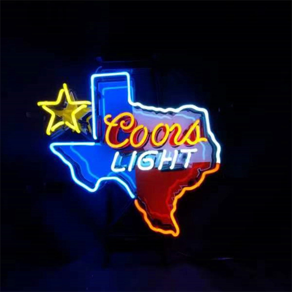 Neon sign shaped like Texas with red, white, and blue colors, featuring a yellow star on the left and the words 'Coors Light' in glowing red, white, and blue text.