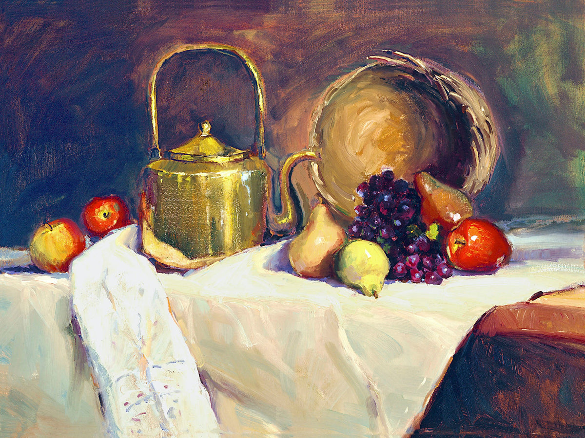 Copper Tea Pot painting on canvas by John Beard, displayed framed in a white room
