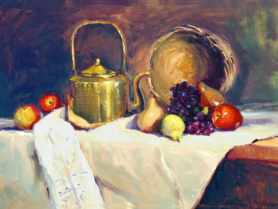 Copper Tea Pot painting on canvas by John Beard, displayed framed in a white room