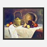 Still life painting of a copper tea pot, brass plate, grapes, pears, apples, and a white cloth draped on a table with dark background hues.