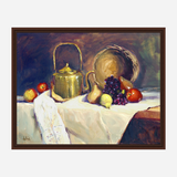 Still life painting featuring a shiny copper tea pot with a curved handle, surrounded by fruit and a round brown object on a white draped cloth against a dark background.