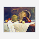 Still life painting of a copper tea pot with handle, a brass tray, assorted fruit including grapes and pears, arranged on a white cloth-covered table.