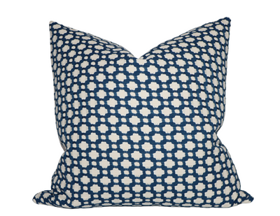 Betwixt Pillow Cover in Indigo Blue with ivory linen backing displayed on a neutral surface
