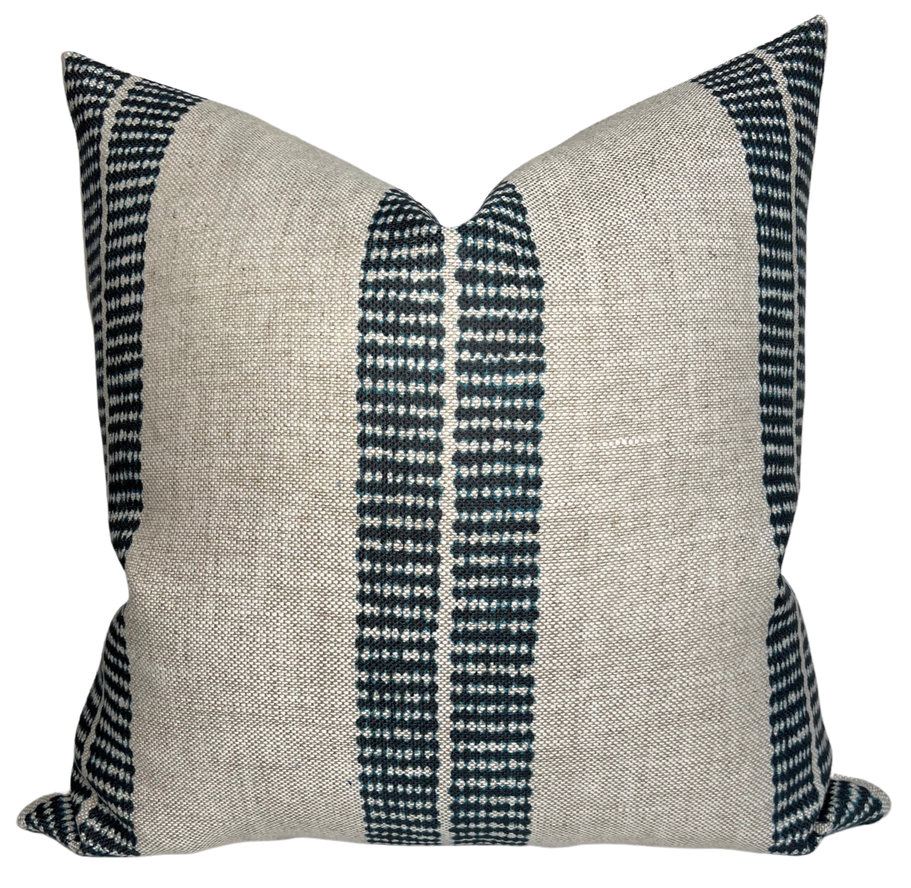 Band Pillow Cover in Indigo showing indigo band printed fabric front and ivory linen fabric back