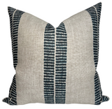 Band Pillow Cover in Indigo showing indigo band printed fabric front and ivory linen fabric back