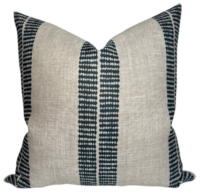 Band Pillow Cover in Indigo showing indigo band printed fabric front and ivory linen fabric back