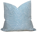 Sea Swell Pillow Cover in Blue showing front woven fabric and ivory linen back
