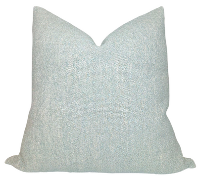 Vail Boucle Pillow Cover in Blue showing textured front and ivory linen back