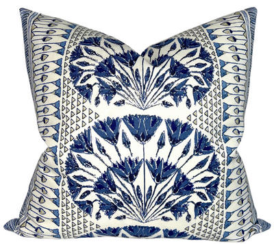 Blue and white Cairo Pillow Cover with ivory linen backing