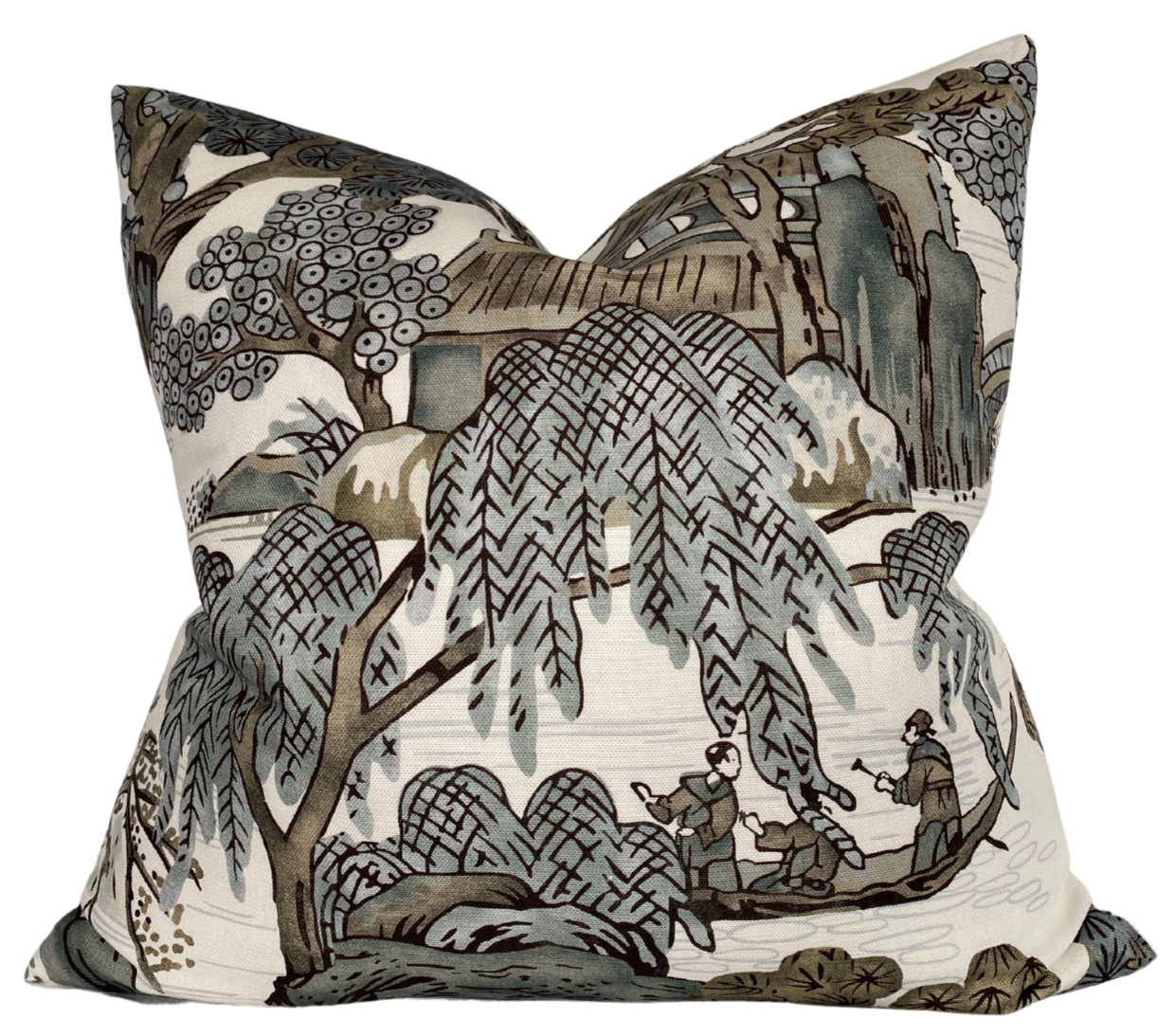 Grey Asian Scenic Pillow Cover showing printed fabric front with ivory linen fabric back