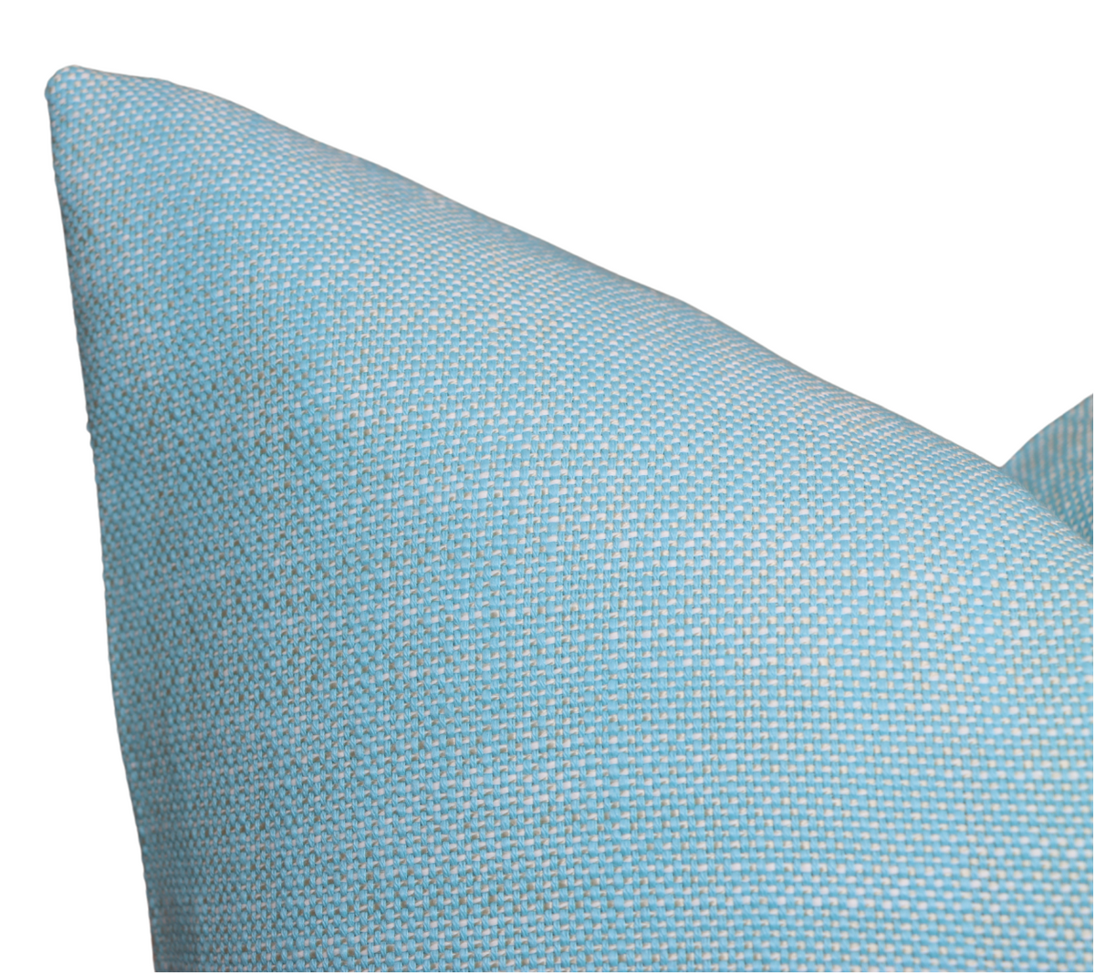 Close-up of a textured outdoor pillow cover in poolside blue with a woven fabric pattern showing interlaced light and medium blue threads.