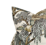 Close-up of a pillow corner featuring a detailed Asian-inspired scenic pattern in grey, beige, and blue with stylized trees and architectural elements.