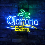Neon sign featuring a green palm tree and cursive blue text 'Corona' above flowing yellow text 'Extra' on a dark brick wall background.