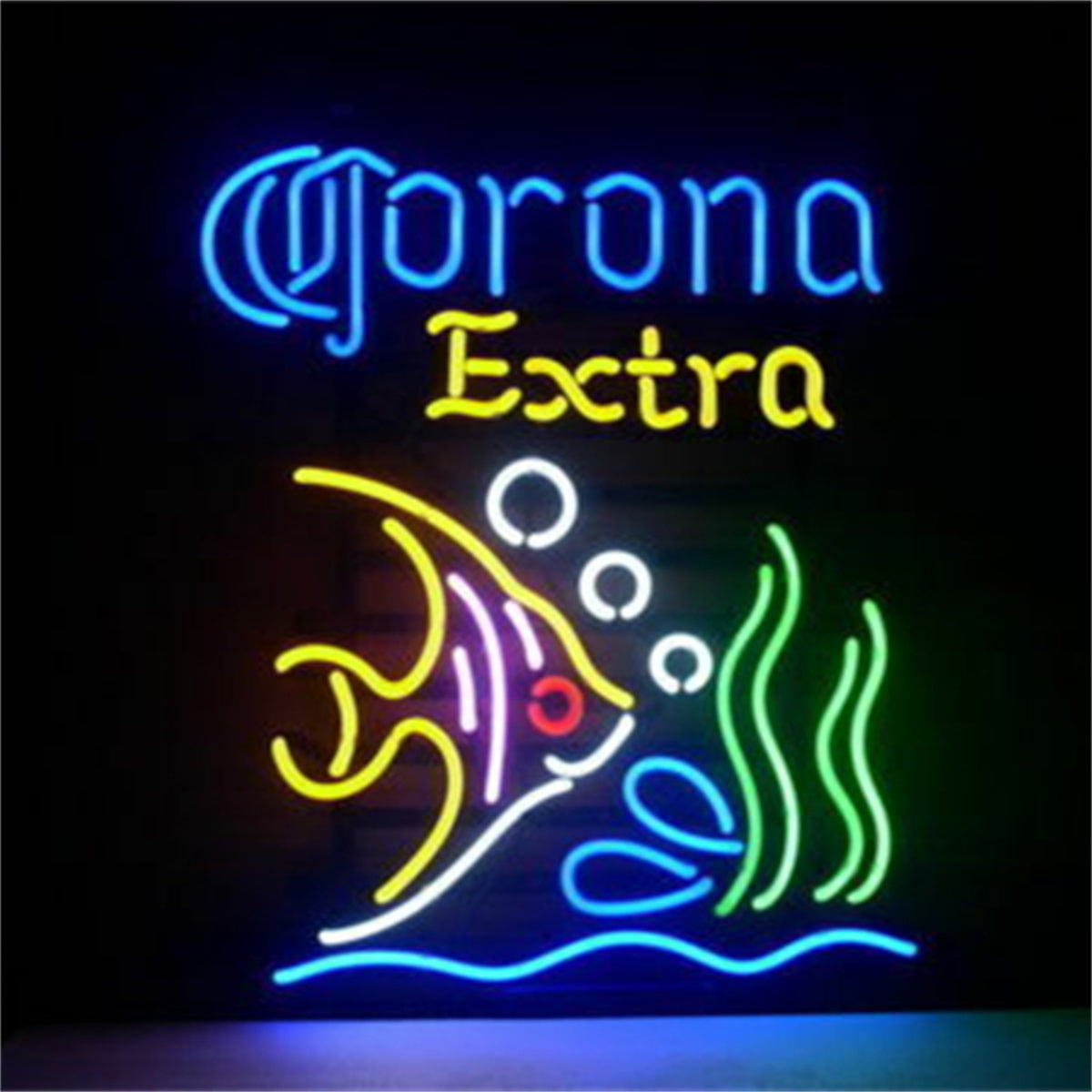 Corona Extra Beer and Seafood Tropical Fish Neon Sign Light glowing blue and yellow on metal grid backing