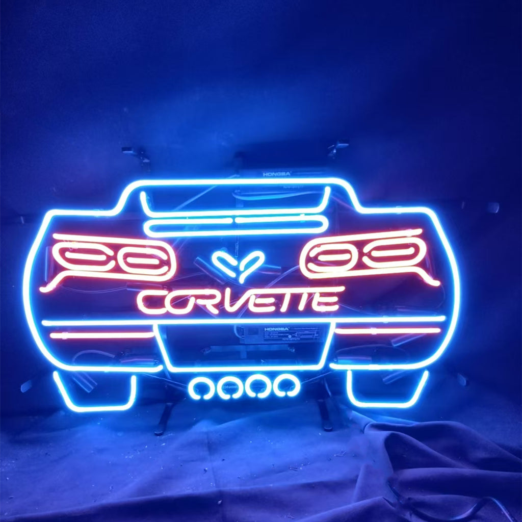 Corvette Blue Auto Car Neon Sign showing bright blue neon light shaped like vintage Corvette logo on metal grid backing.