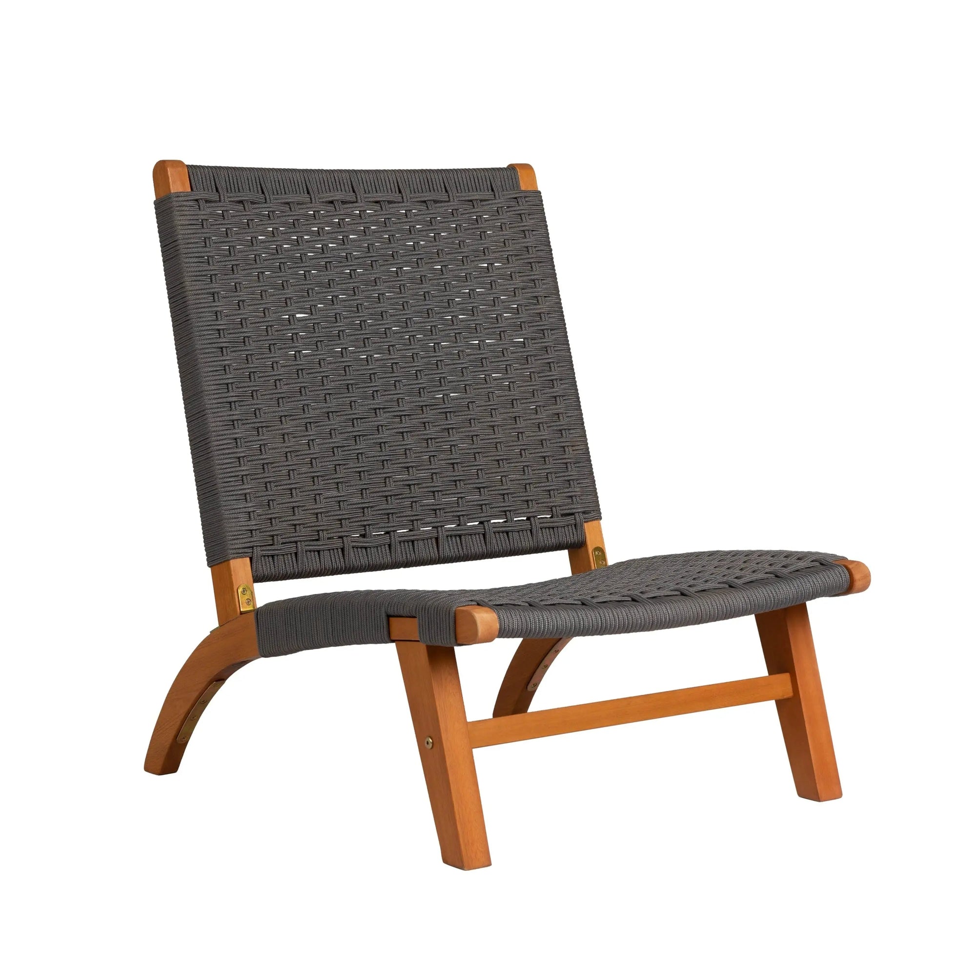 Costa Rica Outdoor Modern Lounge Chair in honey-hued eucalyptus wood and charcoal gray woven cord seat.