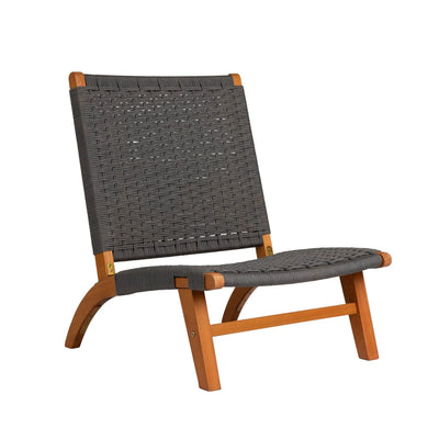 Costa Rica Outdoor Modern Lounge Chair in honey-hued eucalyptus wood and charcoal gray woven cord seat.