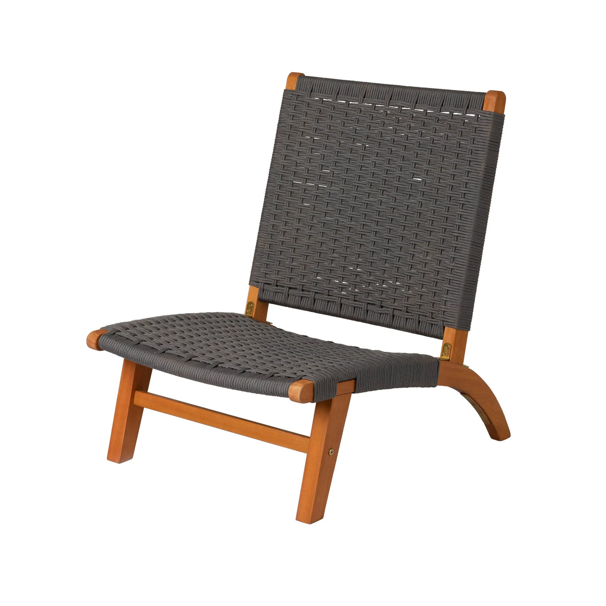 Outdoor lounge chair with a curved wooden frame and dark gray woven seat and backrest, angled for comfortable reclining.