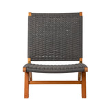 Front view of a modern lounge chair with warm wood frame and tightly woven dark gray synthetic straps forming the backrest and seat.