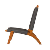 Low-profile outdoor lounge chair with curved wooden frame and dark gray woven seat and backrest, shown from side view on white background.