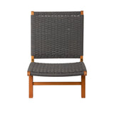Modern lounge chair with a rectangular dark gray woven rope back and seat on a warm wooden frame with straight legs and crossbar support, shown front view on white background.