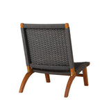 Outdoor lounge chair with curved wooden legs and dark gray woven backrest and seat, shown from rear angle on white background.