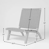 Light gray woven lounge chair with curved seat and angled backrest, showing dimensions and a minimalist frame against a plain white background.