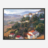 Impressionist landscape painting depicting a hillside village with white houses and red roofs surrounded by dense green foliage and distant mountains under a cloudy sky.