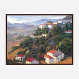 Impressionist canvas print depicting a hillside village with white houses and red roofs nestled among green trees under a cloudy sky.