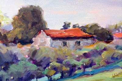 Cottage in the Country II artwork showing a rural landscape printed on canvas with wood stretcher bars and a gallery wrap frame option