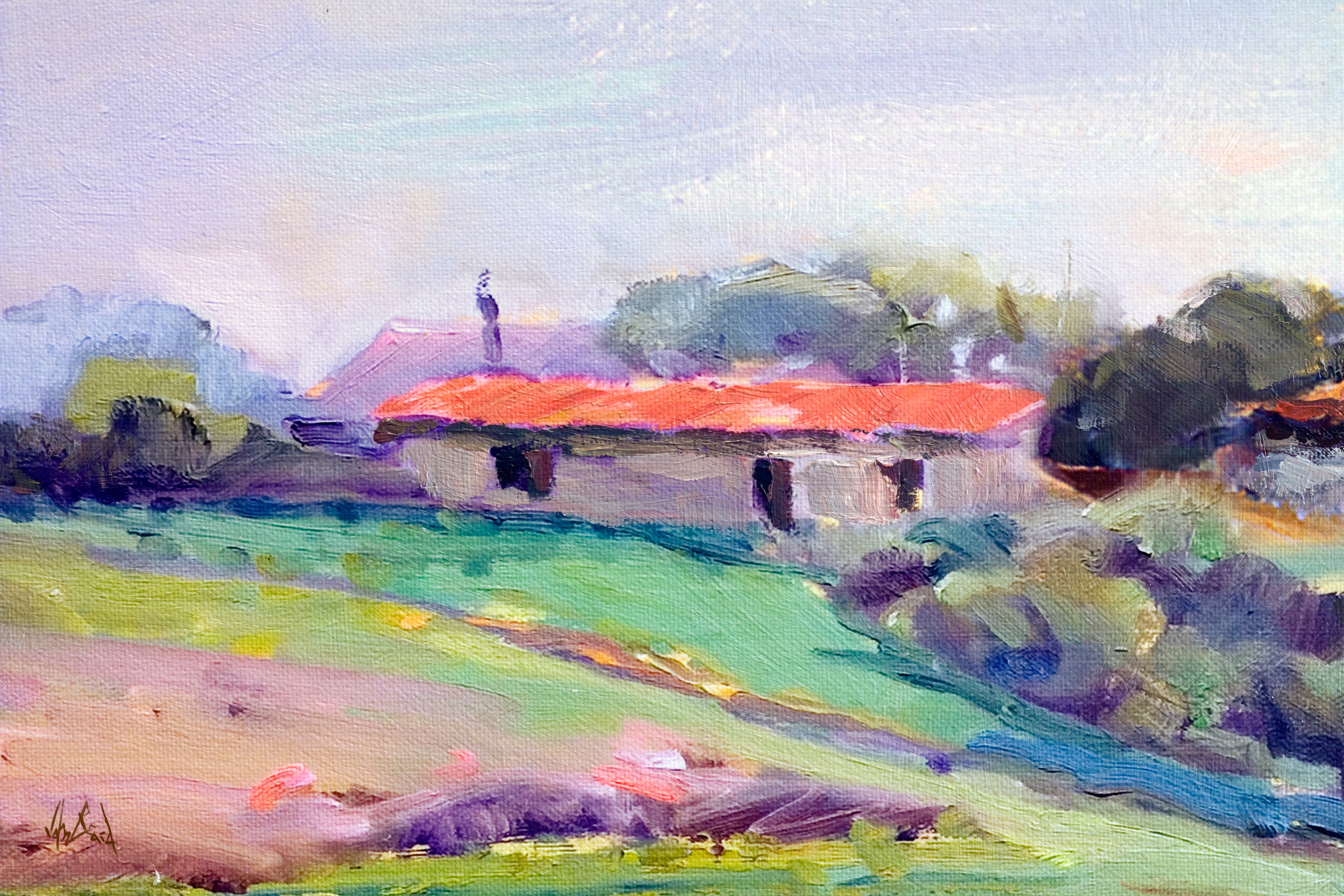 Cottage in the Country I Enhanced Canvas Print showing a serene country side scene with soft shadows and natural tones