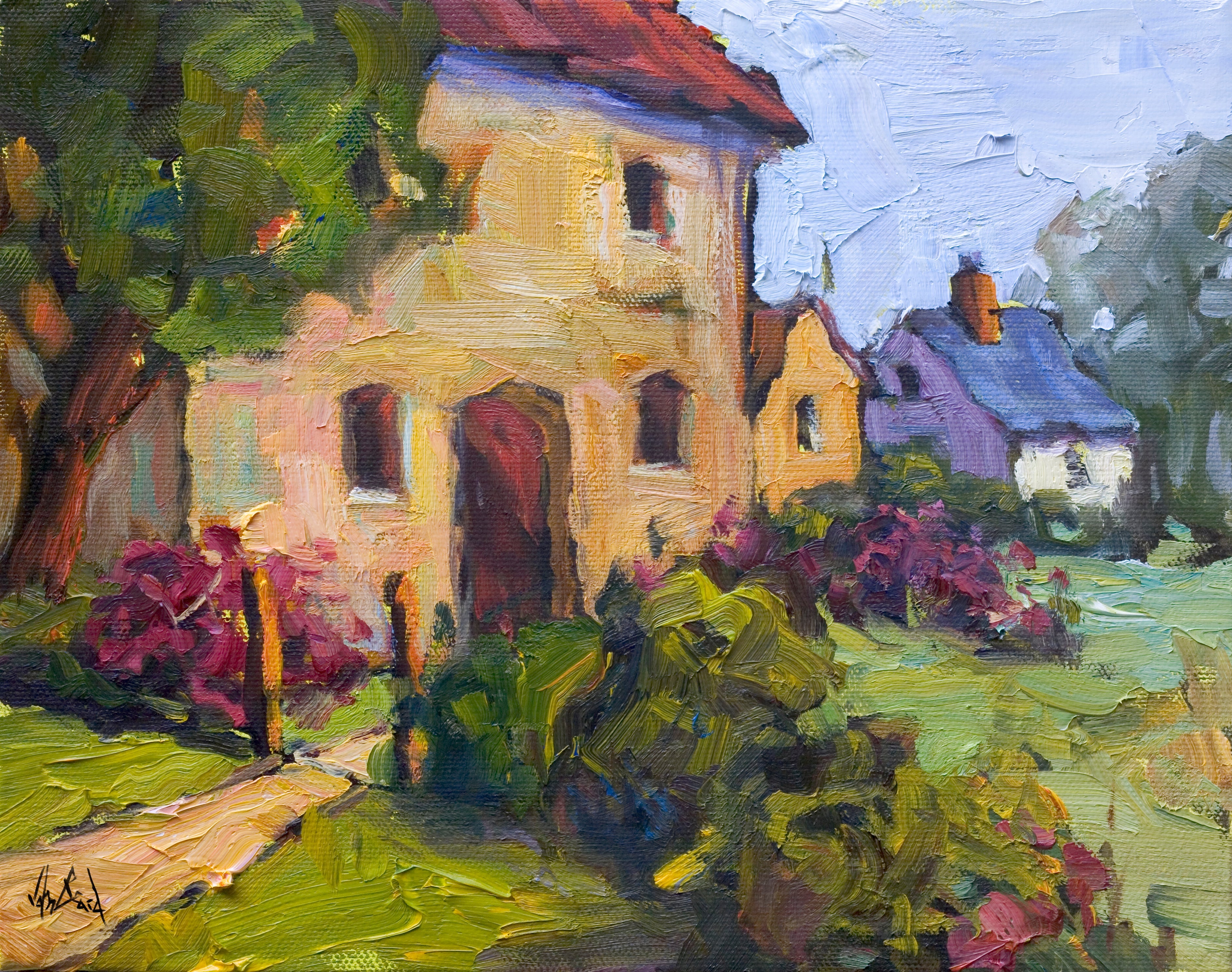 Cottages Artist Enhanced Canvas Print showing coastal village houses in warm tones on stretched canvas