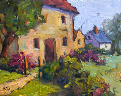 Cottages Artist Enhanced Canvas Print showing coastal village houses in warm tones on stretched canvas