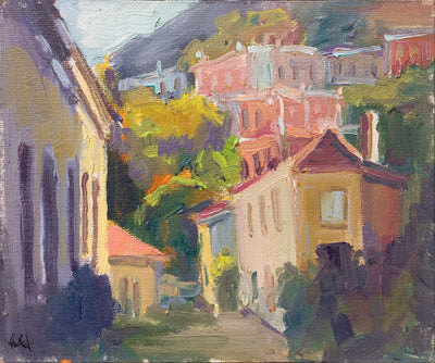 Artist enhanced canvas print titled 'Cottages on the Hillside' depicting colorful coastal village cottages on a hillside.